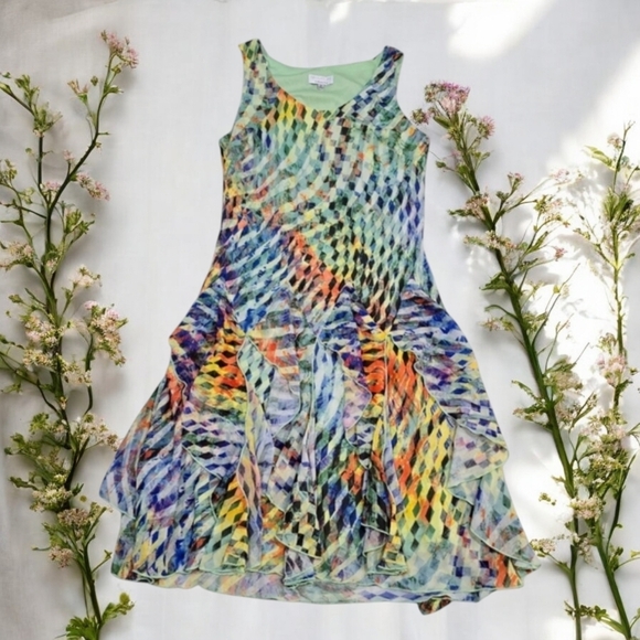 Signature by Robbie Bee ✦ Geometric Midi Dress ✦ Sleeveless Fairy Ruffle Hem 8P - Picture 3 of 16